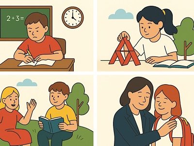 Иллюстрация о развитии внимания у детей: ученик на уроке, девочка с карточками, дети на свежем воздухе и поддержка взрослого — визуализация навыков концентрации