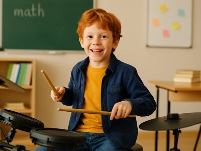 Ребёнок играет на барабанах в школьном классе — развитие внимания и координации у младших школьников, частная школа Веритас.