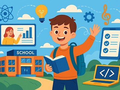 Весёлый ученик на фоне школы будущего с книгой, планшетом, ноутбуком и символами науки, музыки и технологий
