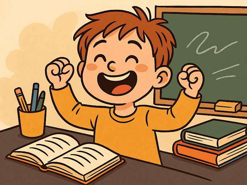 Радостный школьник за партой с открытой книгой на фоне классной доски — успех в учёбе, помощь ребёнку в обучении, школьная атмосфера, Новосибирск.