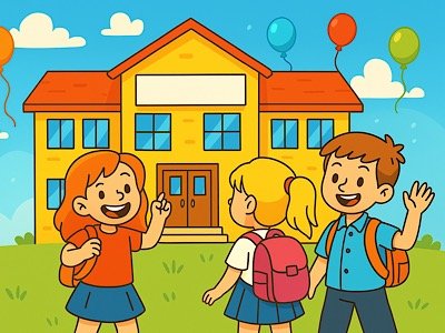 Весёлая сцена у школы: дети с шарами на фоне яркого здания — иллюстрация для статьи о частной школе в Новосибирске