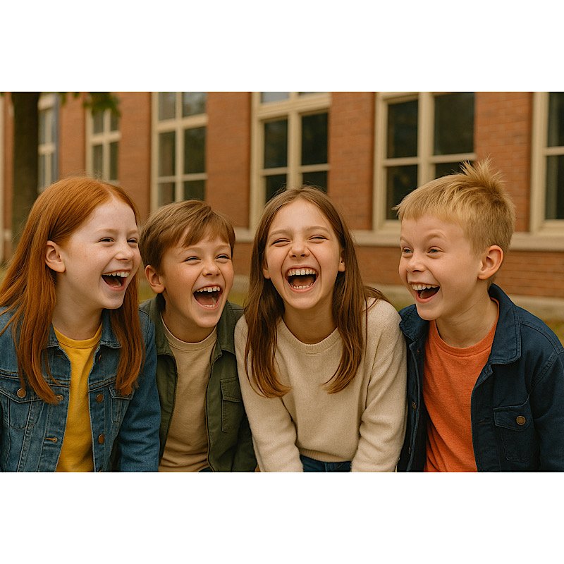 Весёлые школьники смеются вместе перед школой — символ радости, дружбы и внутреннего стремления к успеху.