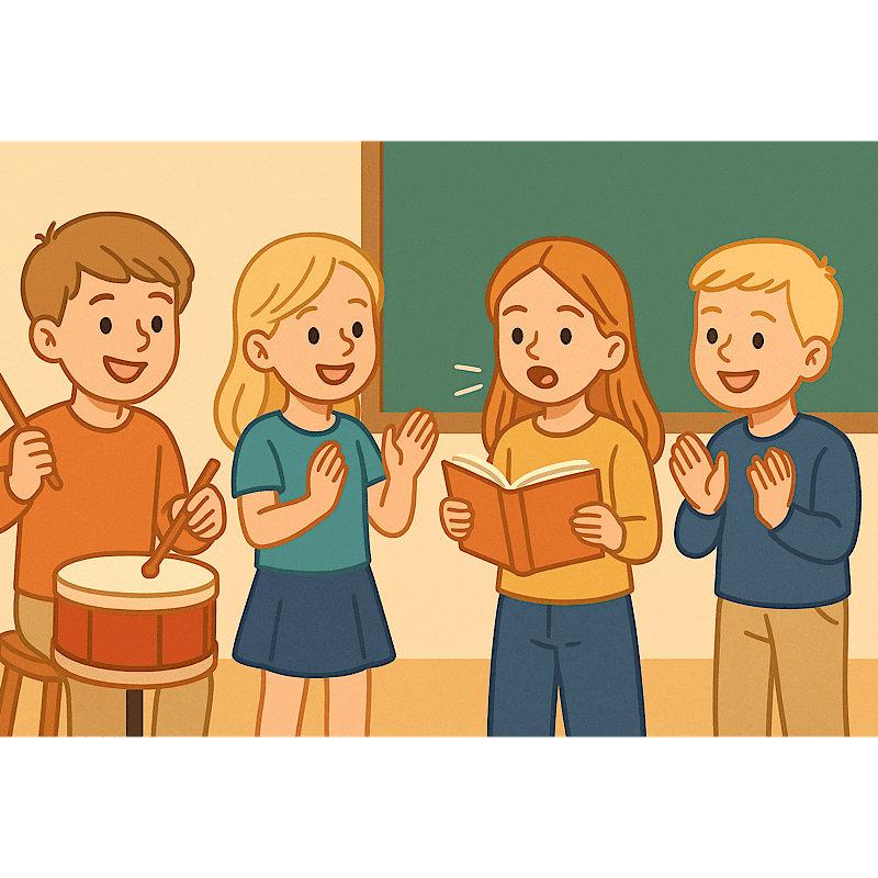 Дети в классе: барабан, чтение и хлопки в ритм