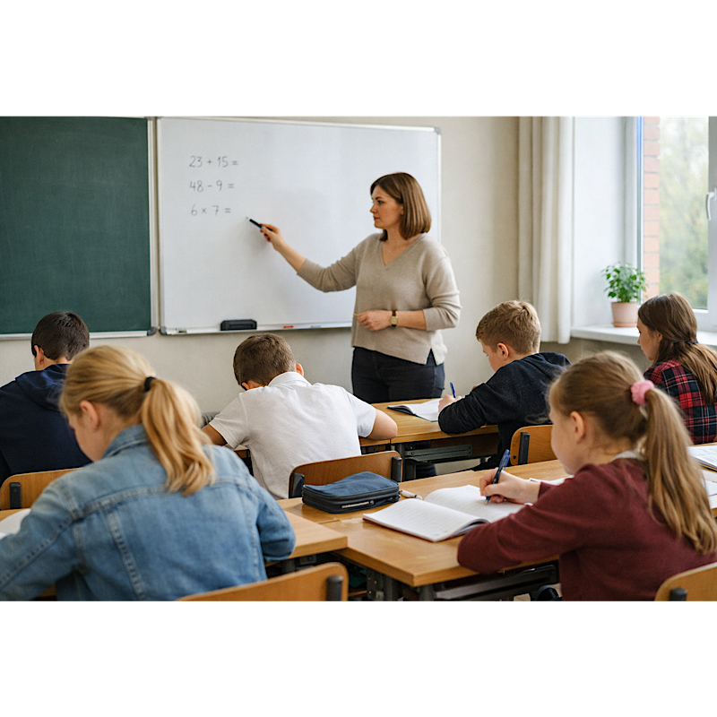 Учитель проводит учебное занятие в классе, ученики сосредоточенно выполняют письменное задание за партами в спокойной рабочей обстановке.