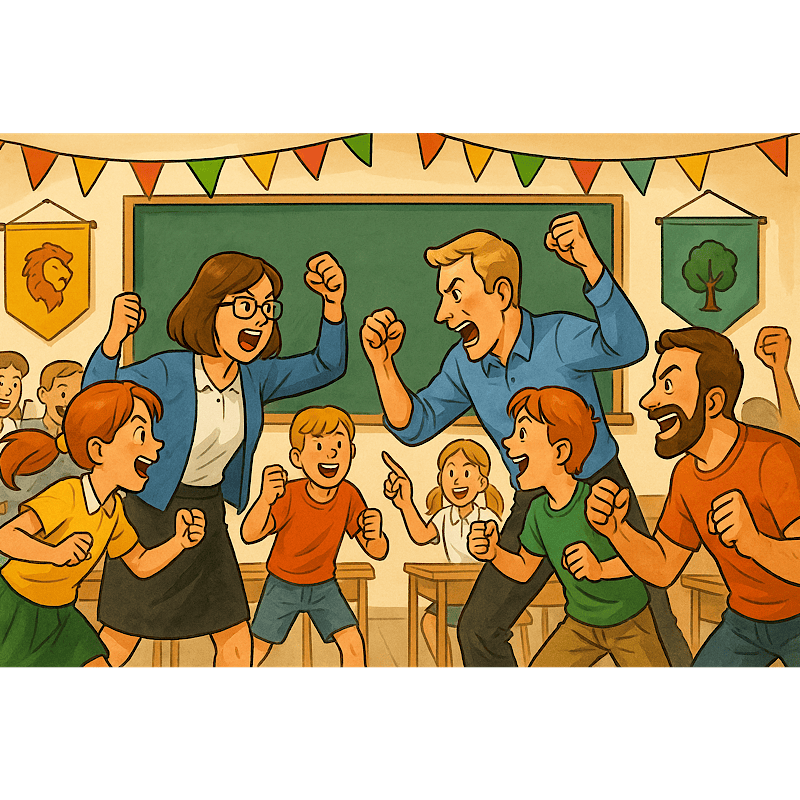 Соревнования в школе Веритас: ученики, учителя и родители вместе участвуют в игре, атмосфера радости и драйва