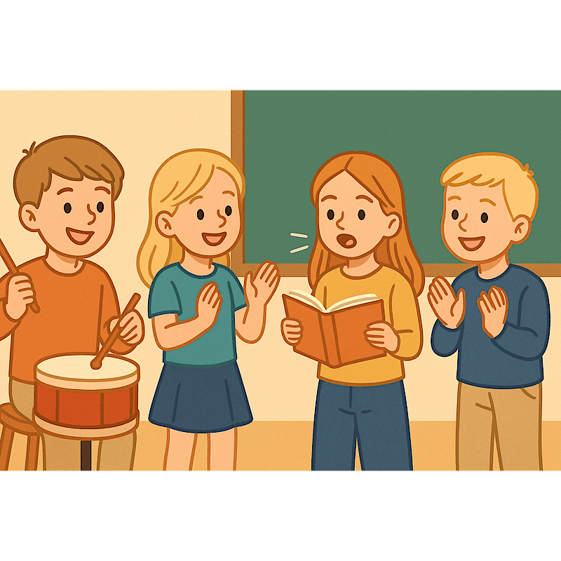 Дети в классе: барабан, чтение и хлопки в ритм