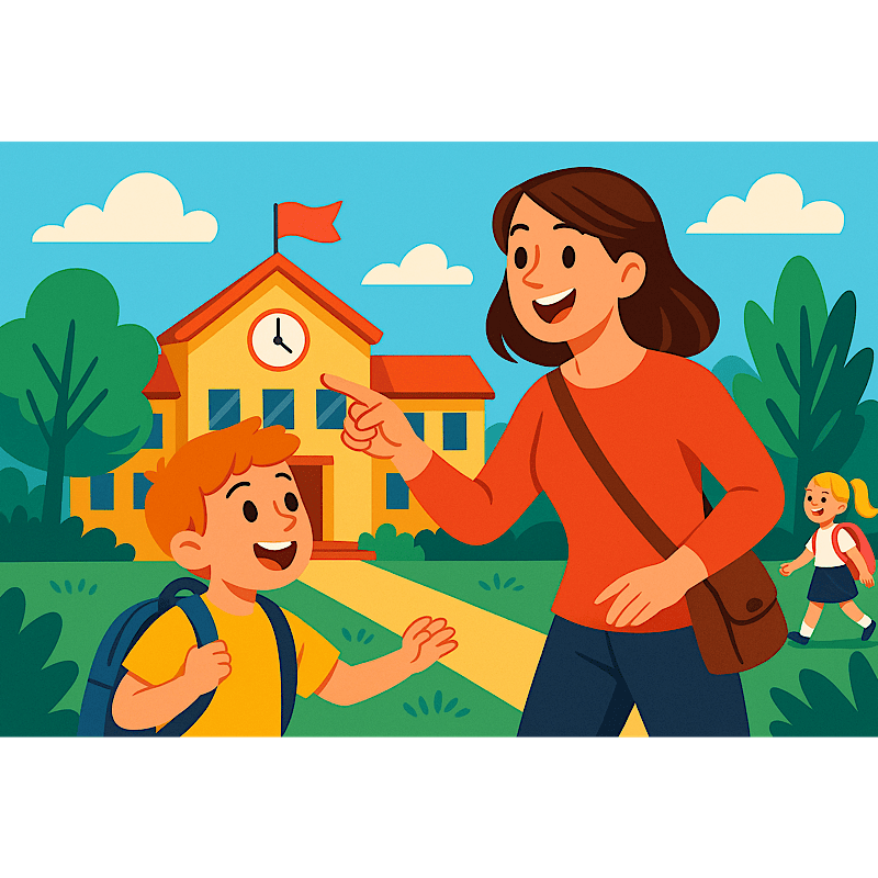 Родители с ребёнком на фоне яркого школьного здания.