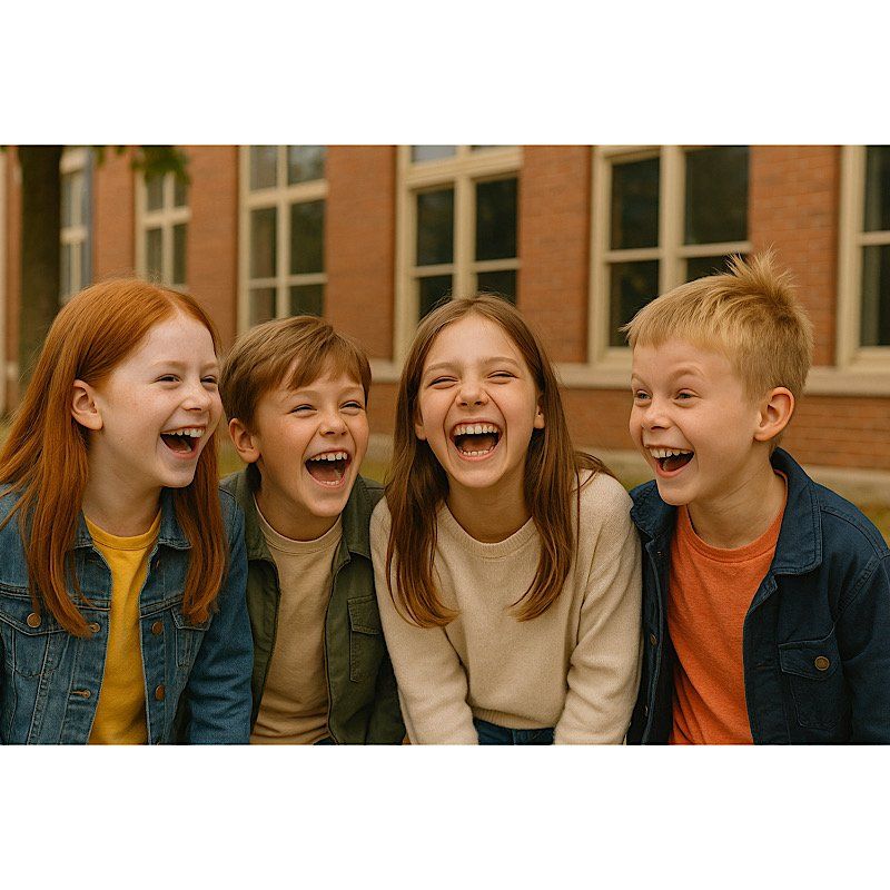 Весёлые школьники смеются вместе перед школой — символ радости, дружбы и внутреннего стремления к успеху.